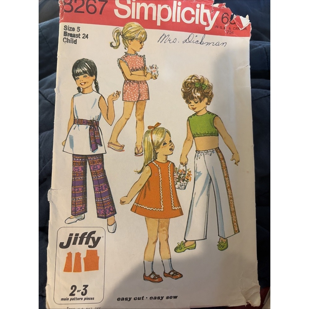 Simplicity 8267 Vintage 1969 Child Dress Top Pants Sash Pattern Size 5 Breast 24